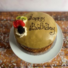 Coffee Sponge Cake with Coffee Fondant, Fresh Cream and Fruit