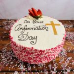 Mannings Bakery Fresh Cream Communion/Confirmation Cake with Pink Sprinkles